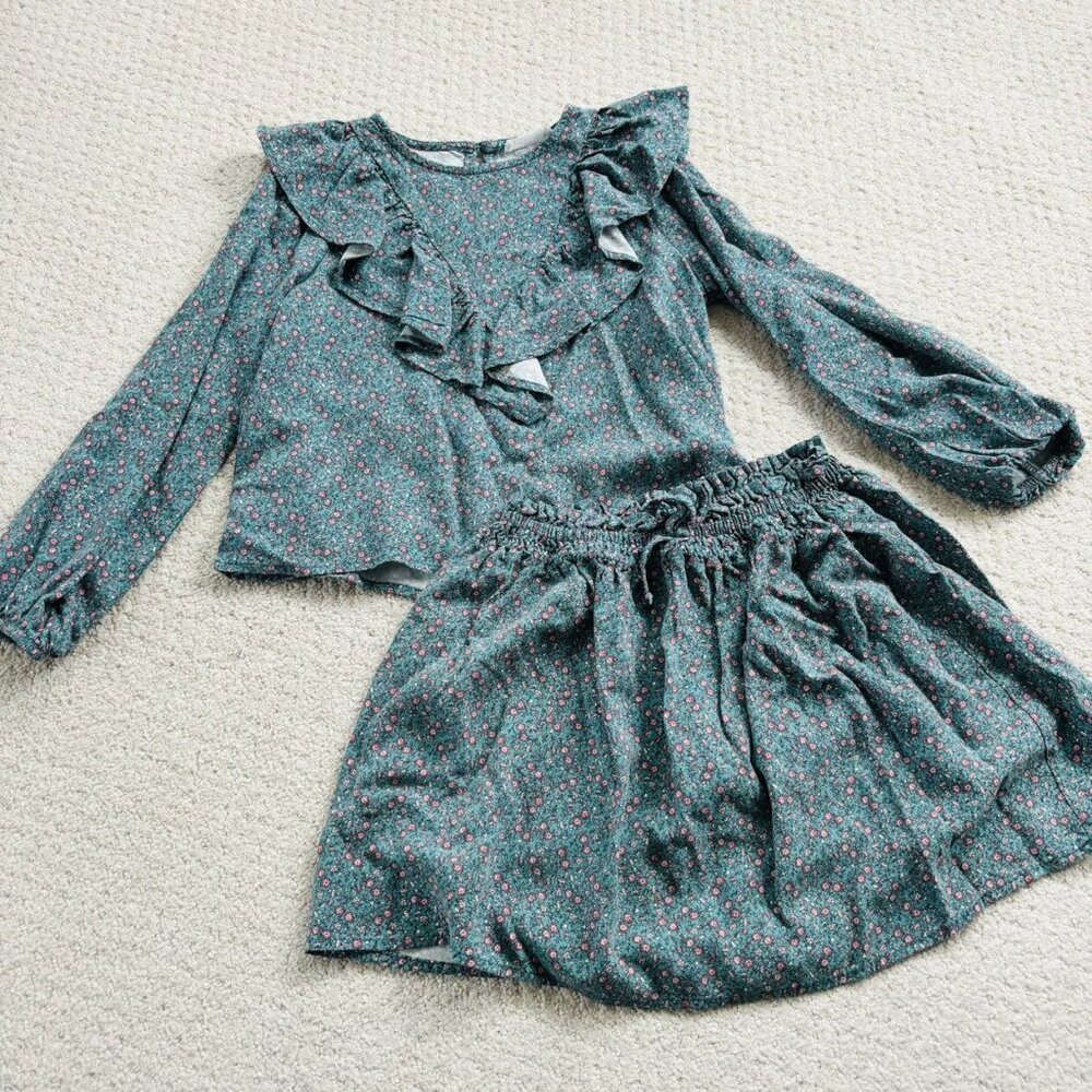 Mango Green And Pink Floral Viscose Ruffle Skirt Set